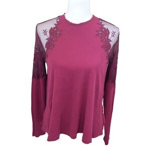 FREE PEOPLE Women’s Size Small Daniella Illusion Lace Sheer Shoulder Top Red